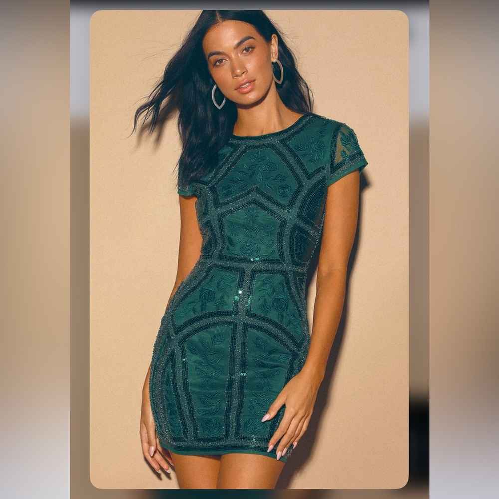 LULUS Spread Your Shine Emerald Green Sequin Embroidered Bodycon Dress